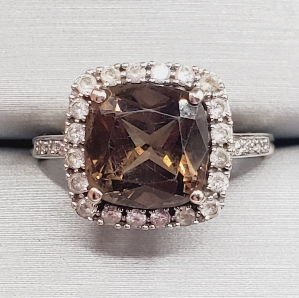 10k Solid White Gold Smoky Quartz, Diamond & White Topaz Halo Ring